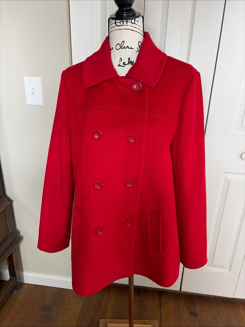J. Jill Red Double Breasted Wool Blend Pea Coat Women's Size XL Pockets